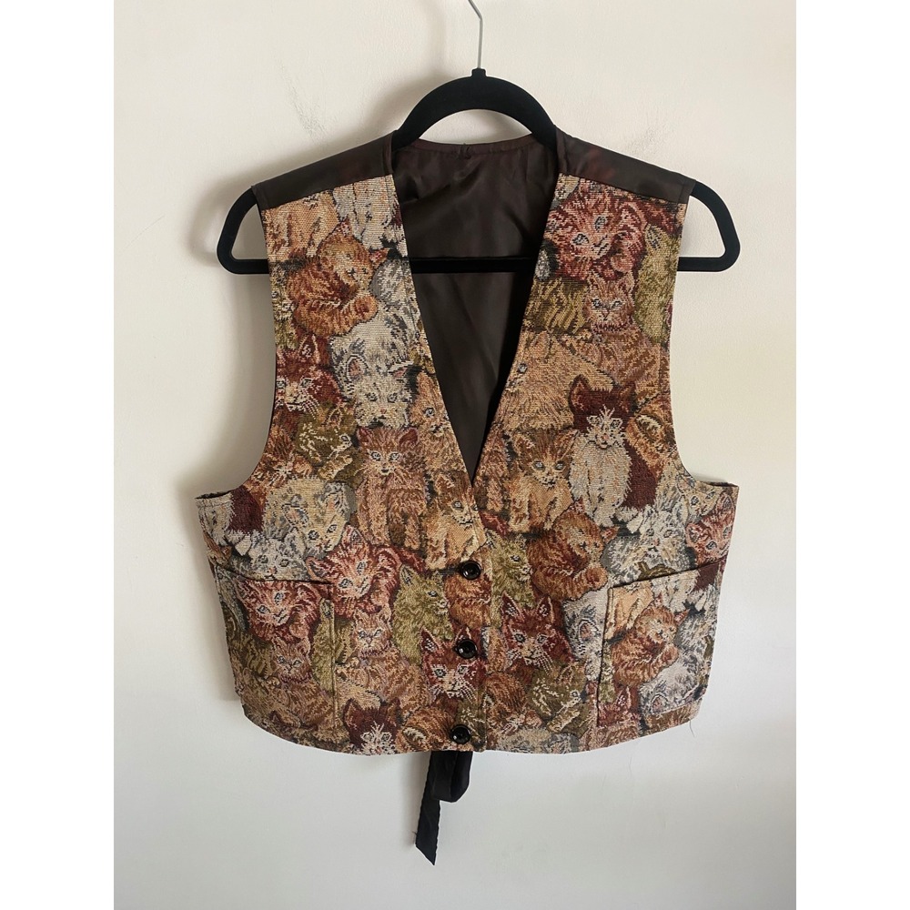 Vintage Cat Tapestry Vest Brown Kitten Print Button Front Adjustable Back Tie